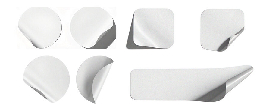 Comprehensive collection of blank white geometric sticker mockups showcasing realistic peeling curled corners and distinct drop shadows on white background.