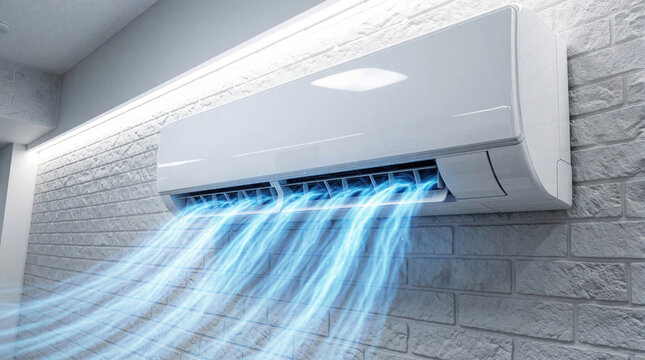 White split air conditioner unit mounted on brick wall blows cool blue air streams. Modern appliance provides ventilation and comfort inside room. Home climate control device.