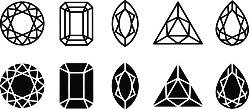 Diamond shape cuts vector icon set with outline and solid black gemstone silhouettes