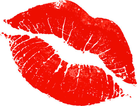 Red lipstick kiss mark texture with detailed lip lines isolated as a single vector graphic element on white.
