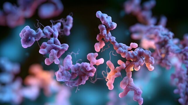 A detailed three dimensional protein structure with soft glowing highlights against a blurred molecular background