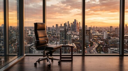 Naklejka na ściany i meble An empty executive office chair sits by a large window overlooking a modern city skyline at sunset, creating a serene and powerful business atmosphere.