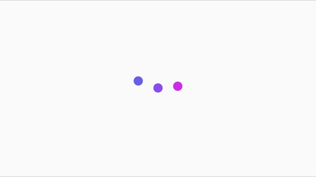 Minimalist loading animation with three pulsing gradient dots on 4k white background, progress indicator