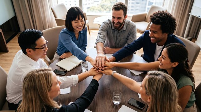 Diverse group of business people putting their hands together in a stack, symbolizing teamwork and unity in a modern office setting.