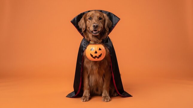 Charming, lovable brown dog and Count Dracula costume. Bright background. Close-up, indoors. Studio shot. Congratulations for family, relatives, loved ones, friends and colleagues. Pet care concept