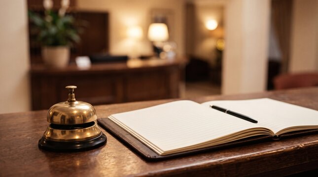 A close-up shot of a brass hotel bell and an open notebook with a pen on a wooden reception desk, with a blurred background of a cozy hotel lobby.