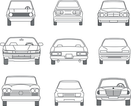 Technical CAD set of nine diverse car front elevation views showing various vehicle models from classic to modern designs in line drawing format.