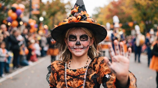 Happy child in witch costume waving at halloween parade