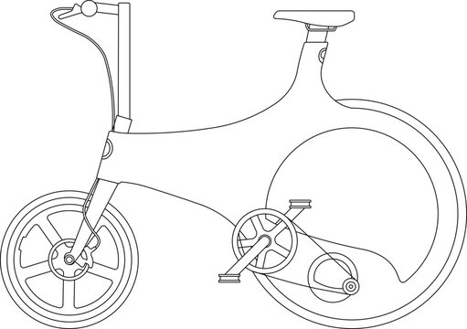Clean line art vector illustration of a modern, futuristic custom bicycle with a distinctive monocoque-style frame body, small spoked wheels, handlebars with brake cables, saddle, and a pedal