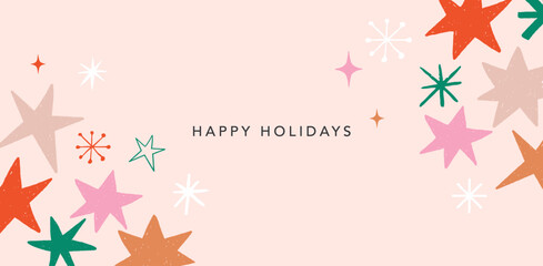 Obraz premium Colorful hand drawn Happy Holidays banner frame template with stars and snowflakes doodles. Nordic folk vector Christmas background