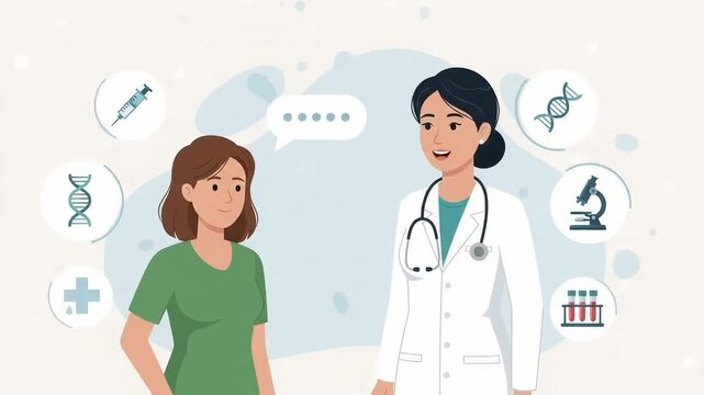 Animated female doctor consulting patient surrounded by medical icons