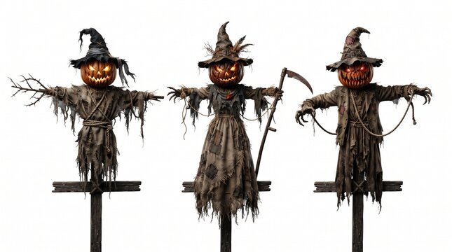 Halloween scarecrow pumpkin pack featuring a chilling, haunted look, isolated on a transparent background.