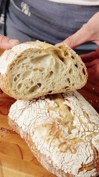 Baker shows sourdough bread crumb to camera. Baking class studies pores, elastic texture and crisp crust as signs of proper fermentation. Students learn to judge artisan loaf quality after cooling.