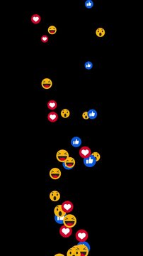 Dark background loop of colorful social media feedback icons and laughing reaction elements in 4K