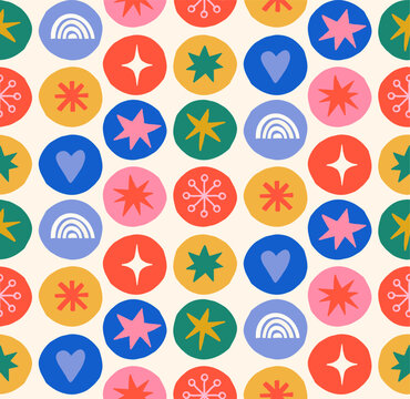Seamless Christmas ornaments pattern with colorful hand drawn stars, snowflakes, hearts and rainbow retro shapes. Playful doodles vector background for textiles and holiday packaging