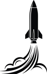 Spaceship blast off vector silhouette emblem featuring a sleek rocket with curved smoke trail on white background. © REKSENA