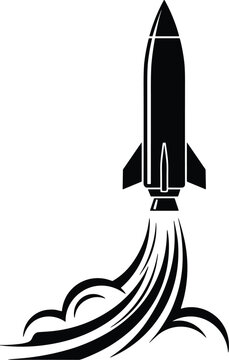 Spaceship blast off vector silhouette emblem featuring a sleek rocket with curved smoke trail on white background.