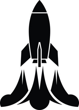Space rocket launch vector silhouette icon with engine fire flames blast isolated on plain white background.