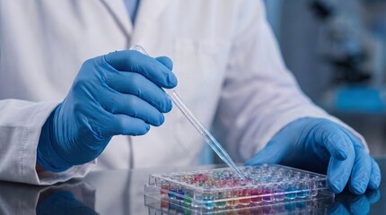 laboratory sample analysis and scientific testing. gloved scientist pipetting colorful liquids into...
