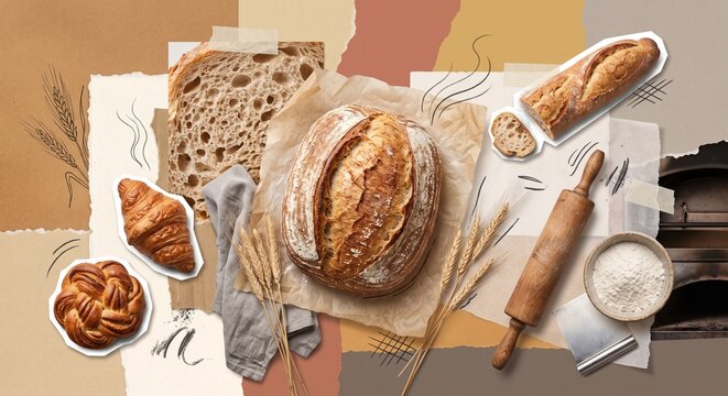 Editorial mixed-media collage of artisan sourdough bread with pastries, baking tools, wheat and warm paper textures celebrating handcrafted bakery craft