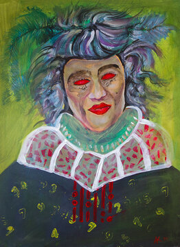 Vivid hand-painted artwork in expressionism style. Dark theatrical clown character with bright red eyes, feather headwear, and symbolic elements. 