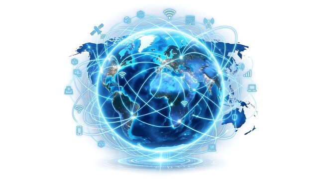 Glowing blue earth globe with interconnected network lines, digital data and map background, on white
