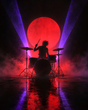 Punk drummer silhouette performing under red and purple stage lights