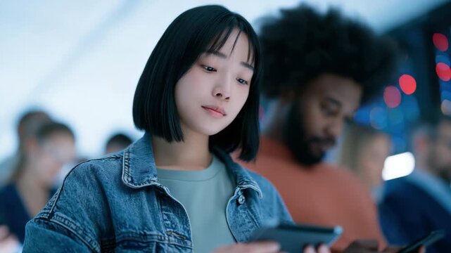 Smiling young woman with smartphone in crowded indoor space for social media portrait and lifestyle background