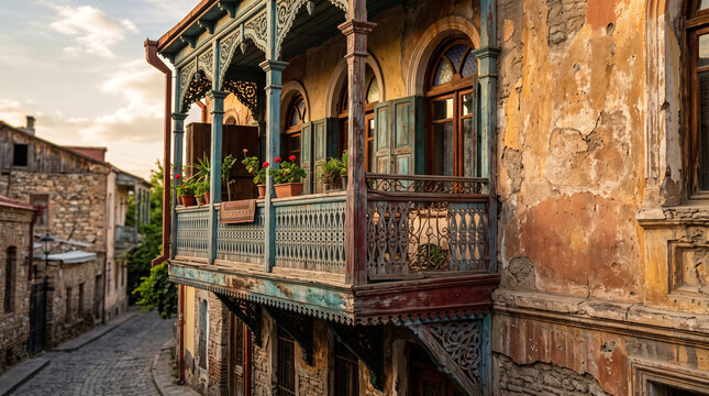 tbilisi old town architectural detail with traditional carved wooden balcony