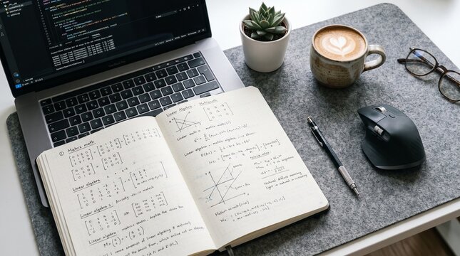 AI production chain stages. Desk setup with laptop notebook and coffee for studying or remote work