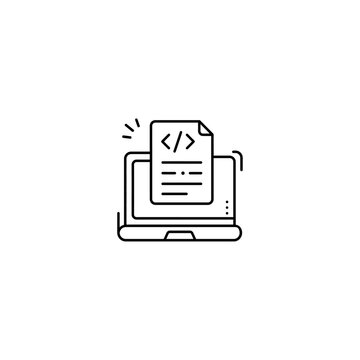 Laptop computer with programming code document icon outline style vector illustration software development web development computer screen
