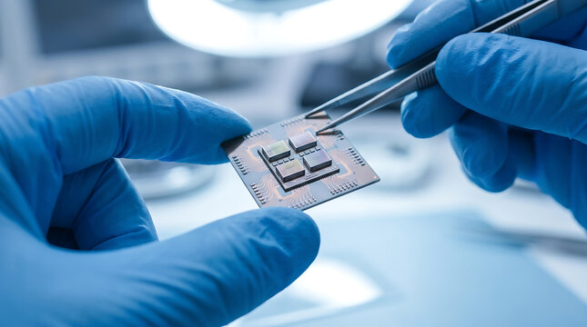 AI production chain stages. Close up of microchip being handled by gloved hands with tweezers in a cleanroom environment