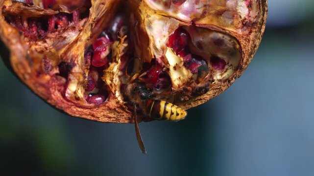 A wasp with yellow and black stripes crawls over a split open pomegranate, feeding on exposed red seeds in a garden setting.
