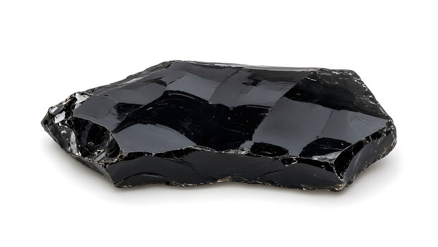 Black obsidian slab with conchoidal fracture, studio still life