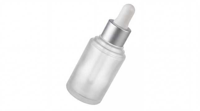 Frosted glass dropper bottle for cosmetic serum, empty skincare vial with silver cap, luxury beauty product packaging mockup isolated PNG with Transparent Background