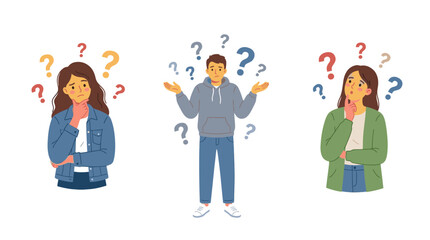 Fototapeta premium Three people confused with question marks floating around their heads, symbolizing uncertainty and doubt.