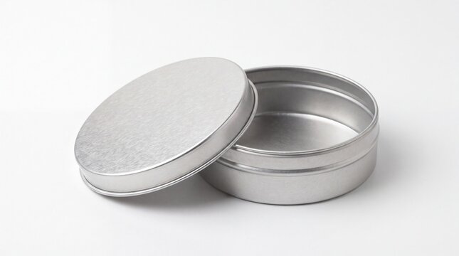 Metallic silver tin container with open lid, round aluminum cosmetic jar for packaging, empty metal storage box for beauty products isolated PNG with Transparent Background