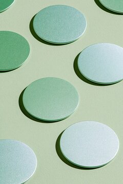 Iridescent mint green circular discs arranged in a geometric pattern with crisp sunlight shadows on a pastel green background, vertical composition