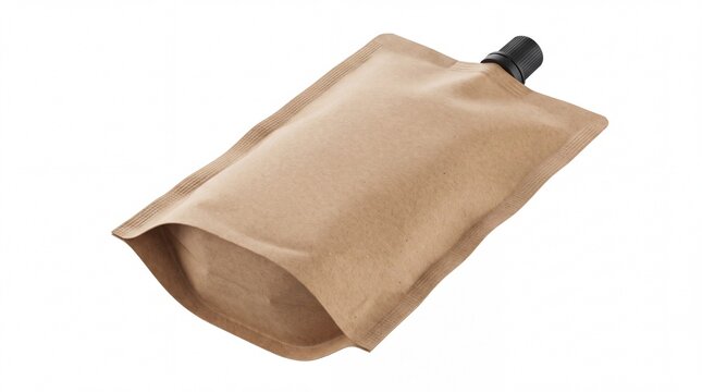 Kraft paper pouch with spout, flexible brown liquid packaging mockup, eco-friendly stand up bag for juice or sauce isolated PNG with Transparent Background