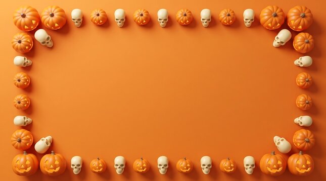 Festive orange halloween background featuring a decorative border made of small pumpkins and white skull ornaments