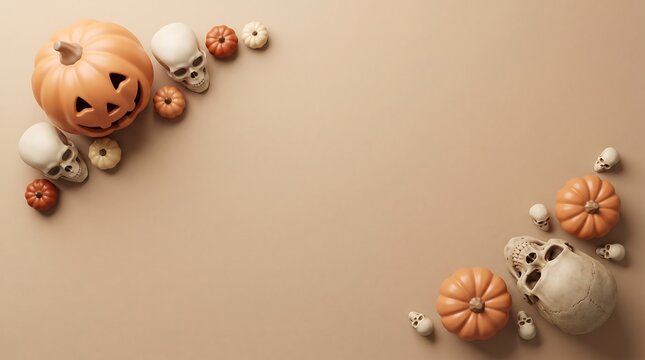 Minimalist halloween background featuring decorative pumpkins and human skulls arranged on a soft neutral beige surface