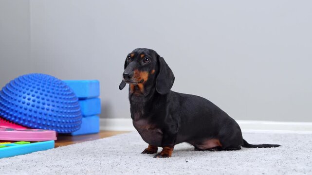 A black and tan dachshund dog sits on a carpet at home, glancing upward before turning its head to face the camera, with fitness equipment in the background.