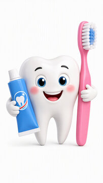 Cute cartoon tooth holding pink toothbrush and toothpaste smiling