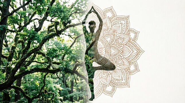 Woman practicing yoga pose outdoors with mandala overlay