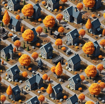 Isometric autumn village seamless pattern with small grey houses and bright orange trees, cartoon low poly neighborhood map repeat texture