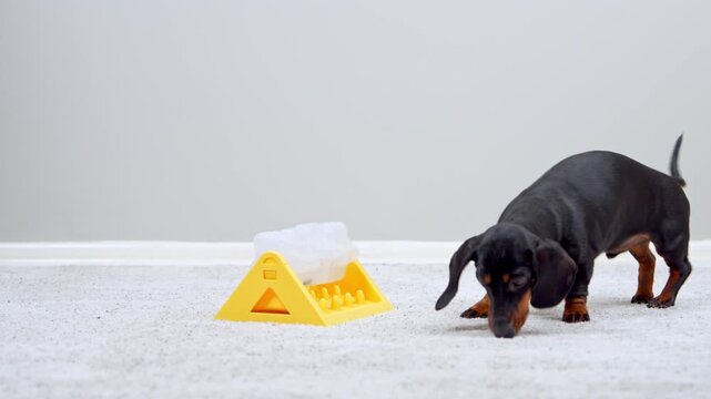 A black and tan dachshund dog sniffs and pulls at a yellow triangular puzzle toy with stuffing on a carpeted floor indoors, then walks away and sniffs the ground.