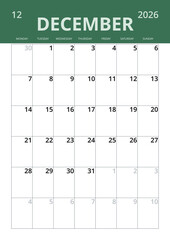 December 2026 English Clean Minimalist Monthly Calendar Grid Simple Office Schedule Planner (Compatible with 2037 and 2043). © vector_master