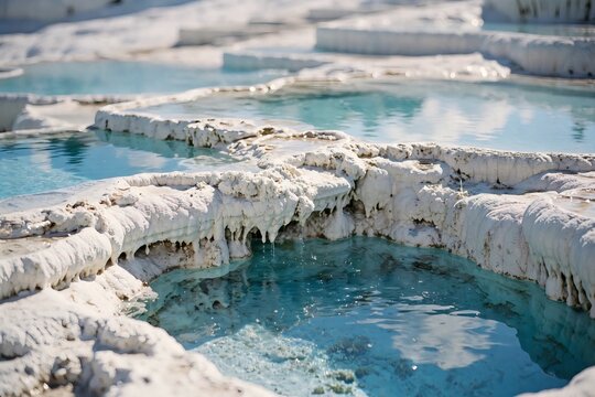 Natural travertine terraces with bright blue thermal pools at Pamukkale in Turkey showing mineral rich water and stunning white calcium deposits under sunlight