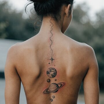Planetary spine tattoo on woman's bare back