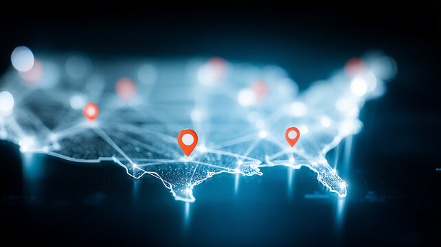 A digital map of the United States with location pins and network connections represents geolocation tracking and nationwide data connectivity.
